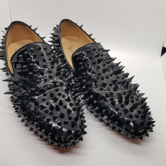 Piergitar Shiny Black Spikes Red Bottom Loafers - Picture 11 of 14